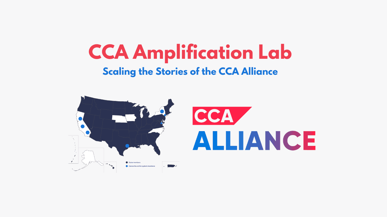 CCAA Amplification Lab logo with U.S. map highlighting member states focused on college completion strategies.