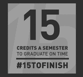 15 credits displayed on a digital calendar, emphasizing timely graduation and college completion.