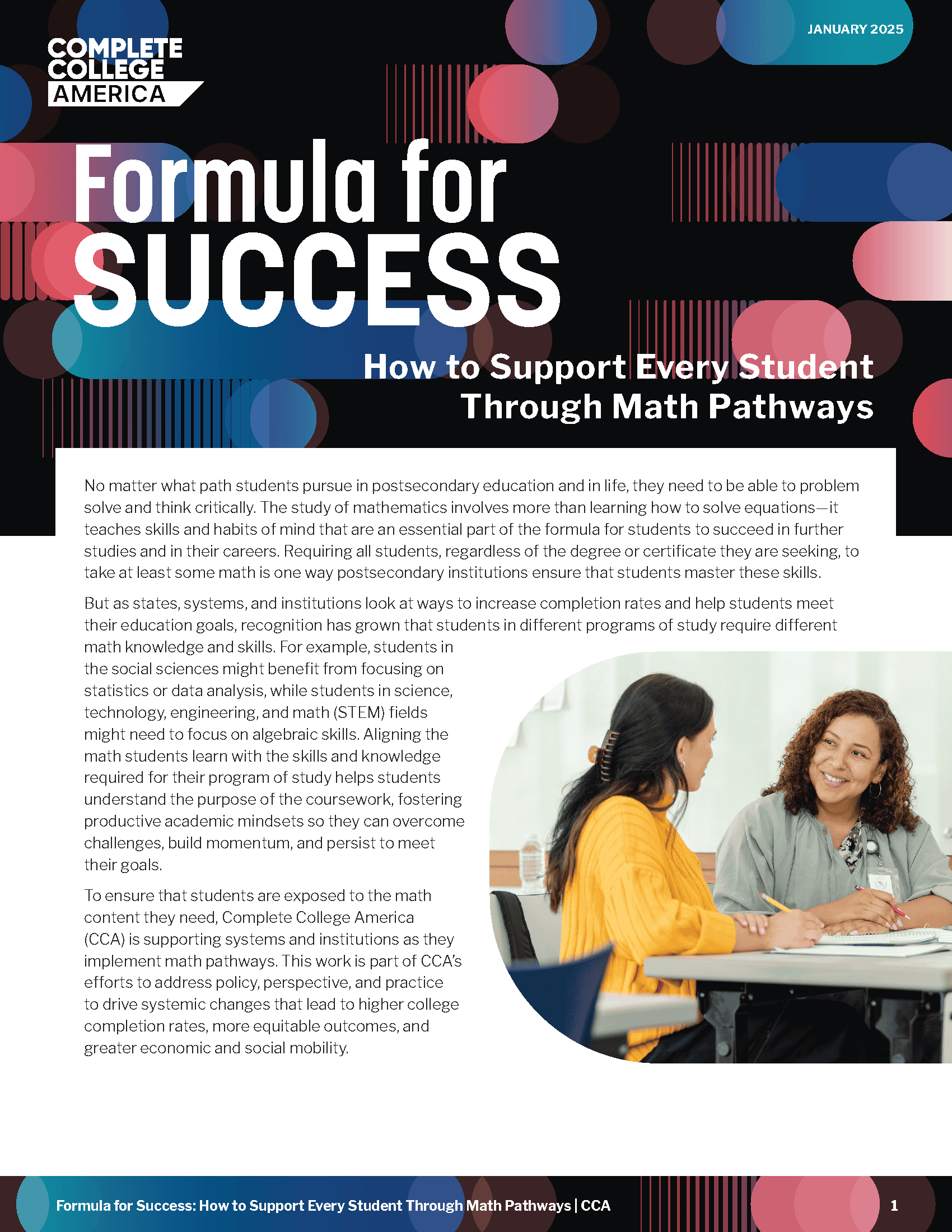 Supporting systems and institutions for math pathways, improving college completion rates, and promoting equitable social mobility through math education.