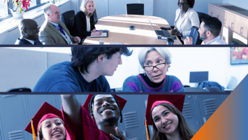 High-level education meeting with diverse professionals discussing strategies for college success and student support at Complete College America.