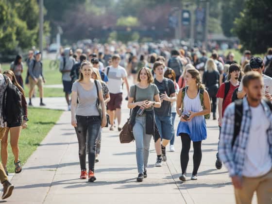 Students walking on college campus during day with multiple people and green trees in background.