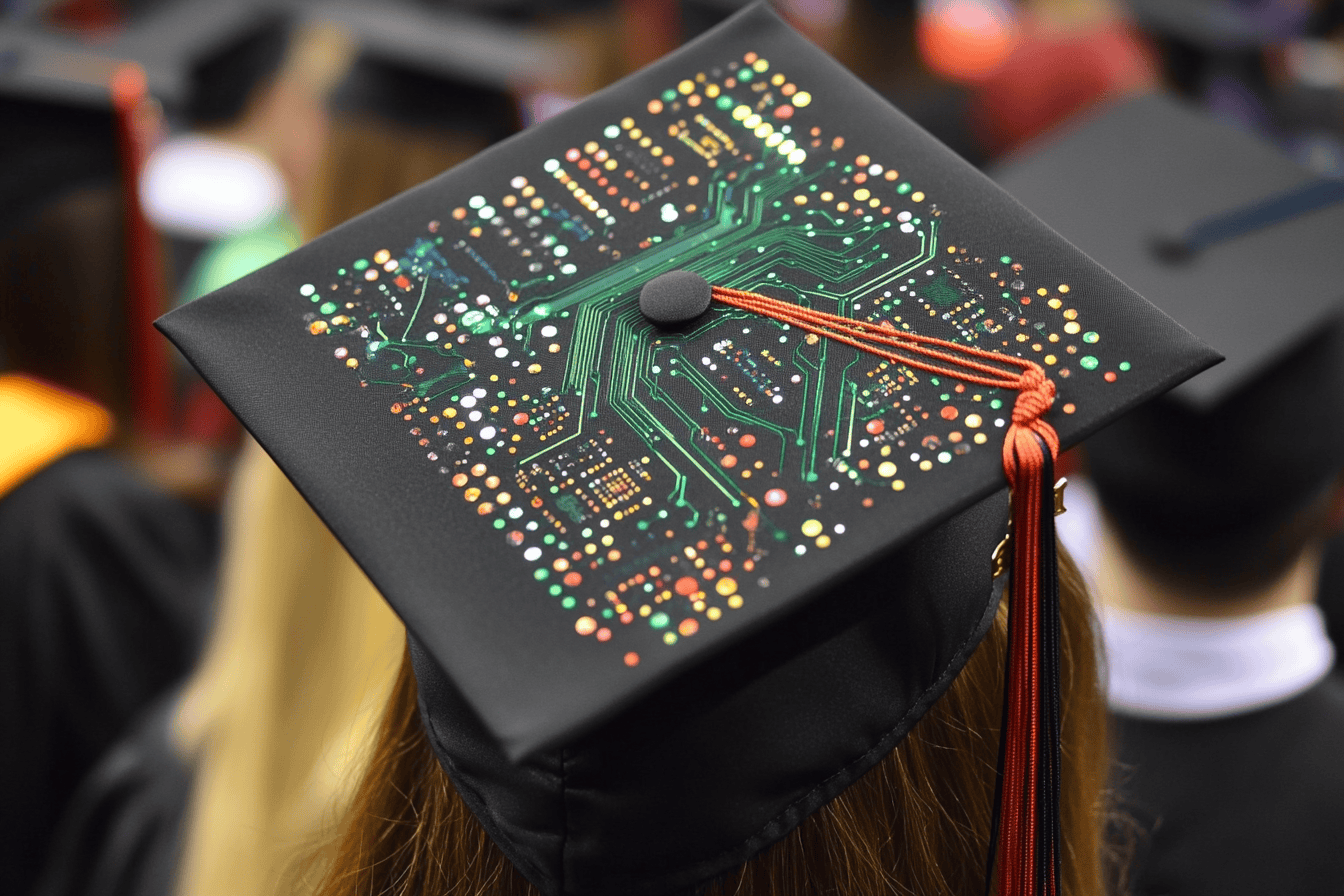 Electronic circuit design on graduation cap symbolizes innovative learning and technology-driven education in higher studies.