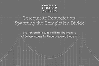 Complete College America logo on a gray background with a graph illustration, emphasizing college access for underprepared students and overcoming completion divide.