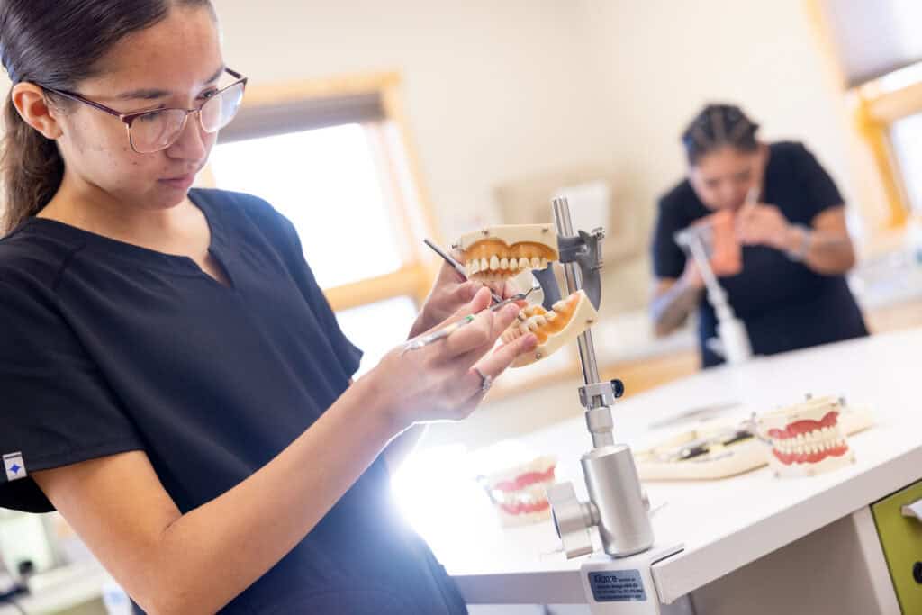 Dental students practicing in a college simulation lab with dental models and tools for hands-on learning.