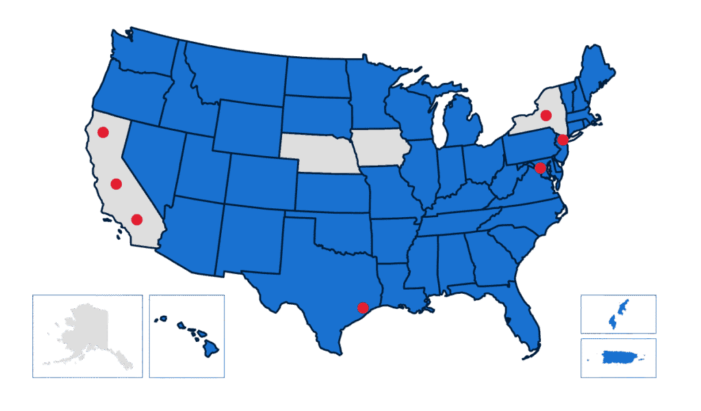 High-resolution map showing locations of Complete College America initiatives across the United States with red dots indicating key sites.