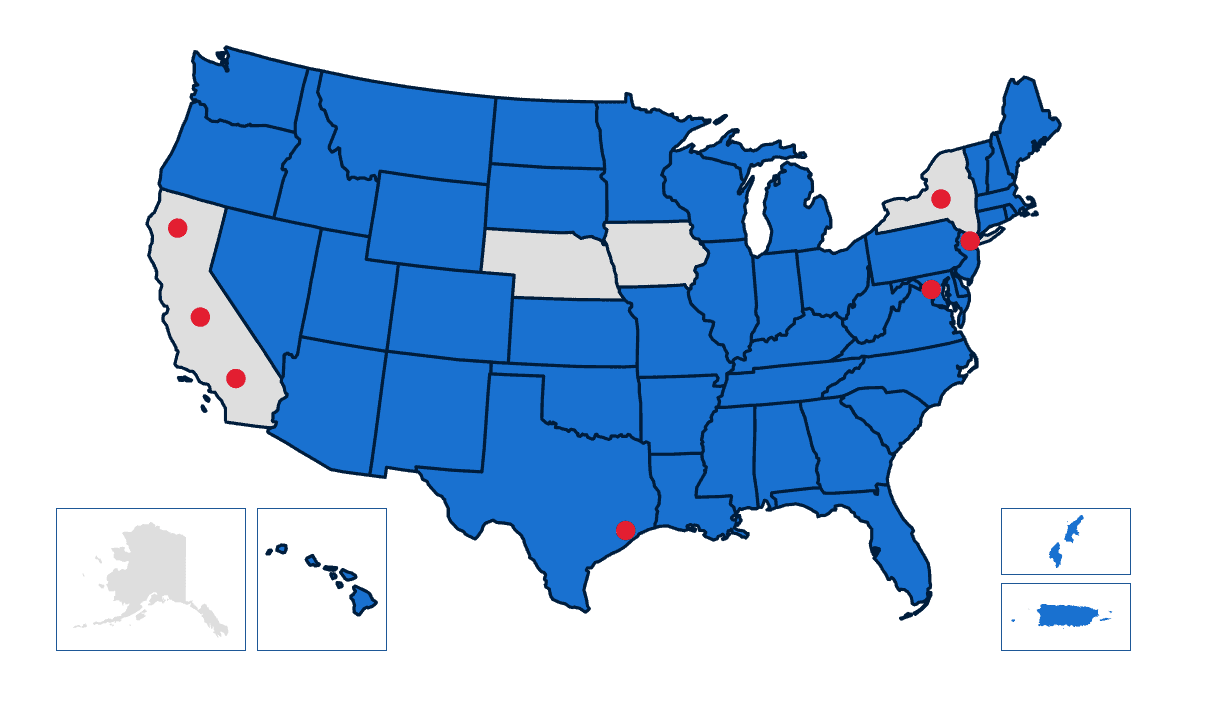 High-resolution map showing locations of Complete College America initiatives across the United States with red dots indicating key sites.