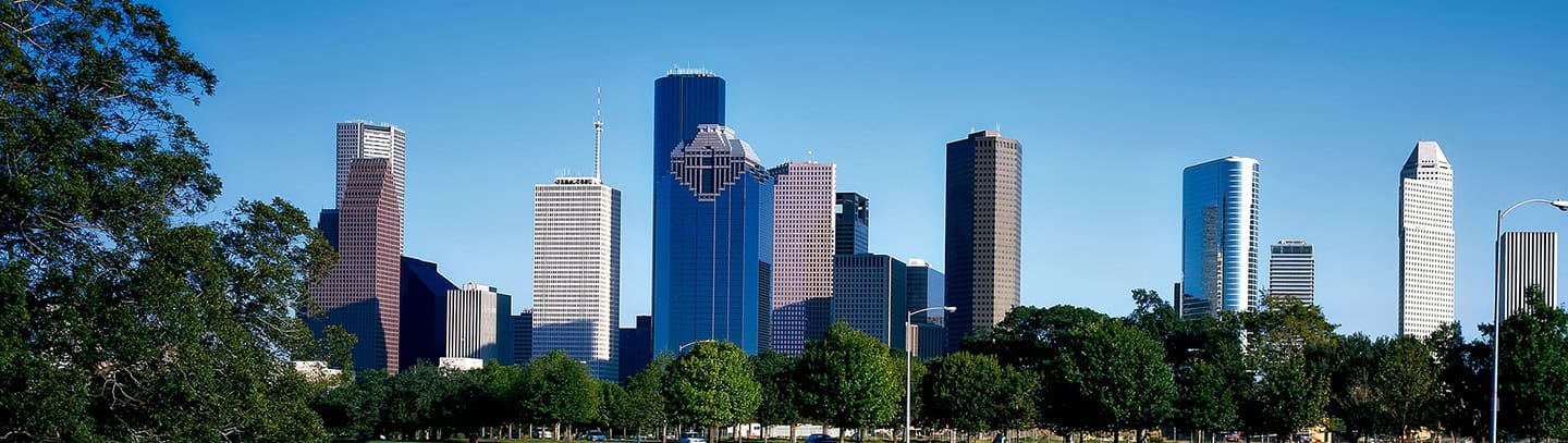 Downtown Houston skyline with modern skyscrapers and lush green trees in the foreground.