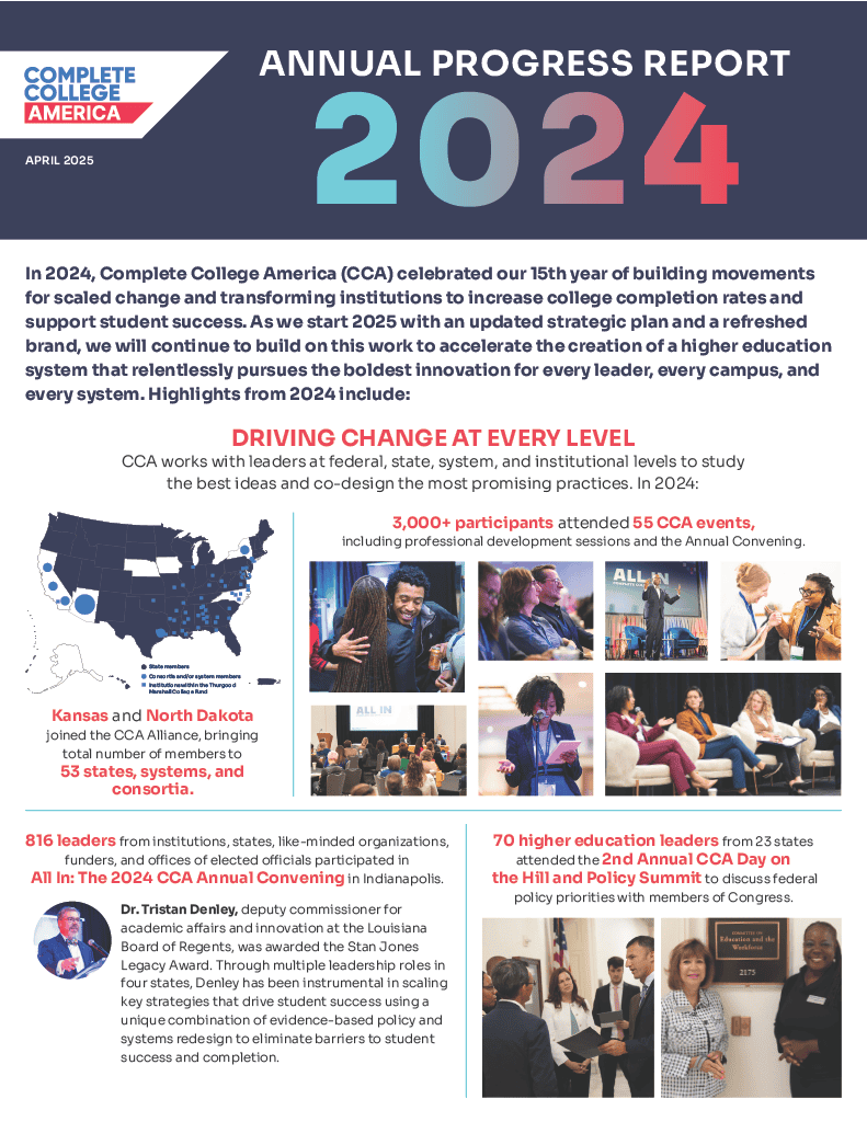 CCAA annual progress report 2024 highlighting strategies for increasing college completion rates.