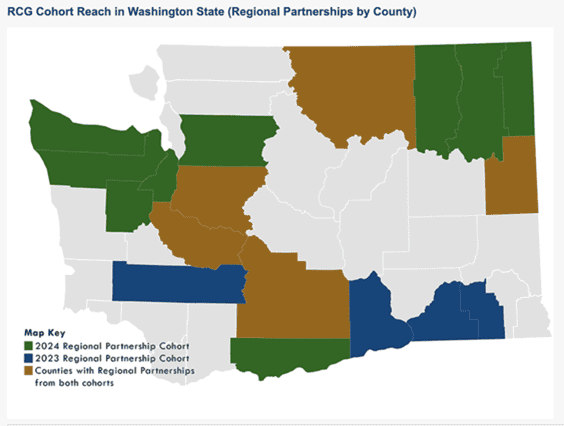 RCG Cohort Reach in Washington State highlighting Regional Partnerships by County, with different colors indicating 2024 and 2023 Cohorts.